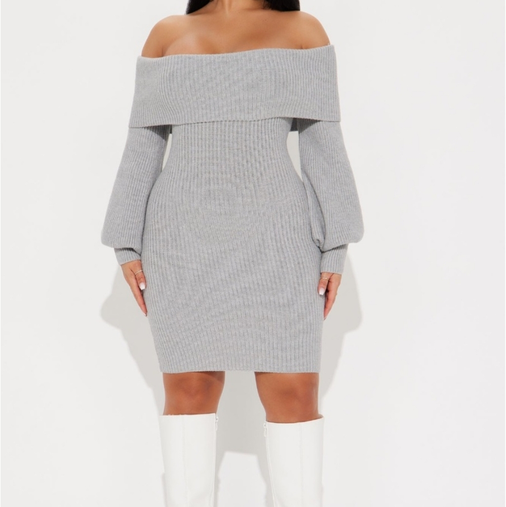 Fashion Nova Off-Shoulder Gray Knit Dress
